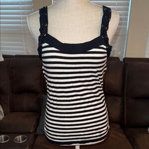 INC small International Concepts Black & White Striped Braided-Shoulder Tank